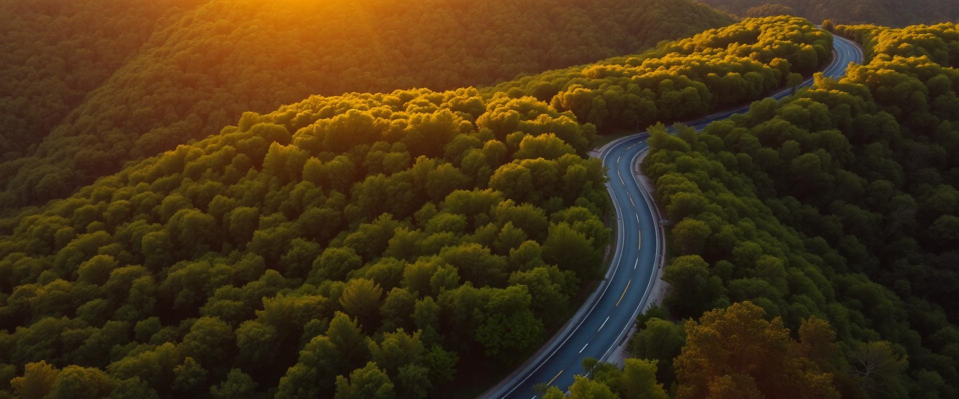 Aerial winding road through a dark green forest